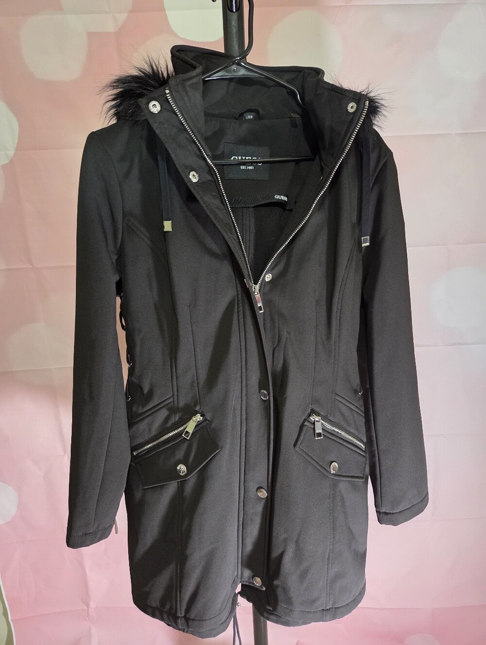 NWOT Guess Black Hooded Utility Parka with Faux-Fur Trim Large
